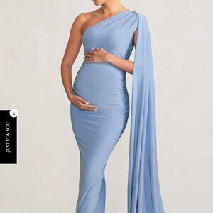 Amaryllis Powder Blue Maternity One Shoulder Maxi Dress with Cape Sleeve